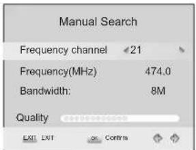 Manual Search Frequency channel <21 Frequency(MHz) 474.0 Bandwidth: 8M Quality EXIT EXIT OK Confirm