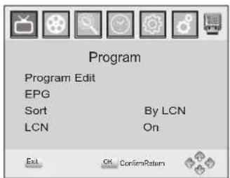 Program Program Edit EPG Sort By LCN LCN On Exit OK Confirm Return