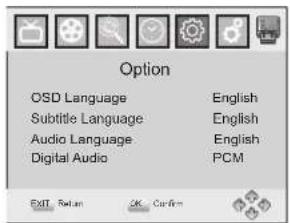 Option OSD Language English Subtitle Language English Audio Language English Digital Audio PCM EXIT Return OK Confirm