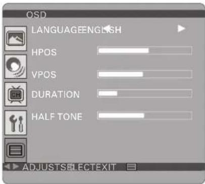 OSD LANGUAGEENGLISH HPOS VPOS DURATION HALF TONE ADJUSTSELECTEXIT