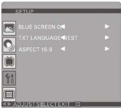 SETUP BLUE SCREEN ON TXT LANGUAGE WEST ASPECT 16:9 ADJUST SELECT EXIT