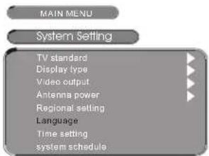 MAIN MENU System Setting TV standard Display type Video output Antenna power Regional setting Language Time setting system schedule