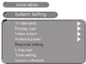 MAIN MENU System Setting TV standard Display type Video output Antenna power Regional setting Language Time setting system schedule