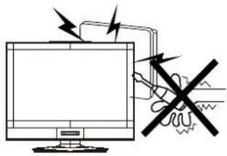 Diagram showing a computer monitor connected to a power outlet with lightning bolts and a crossed-out electrical component, indicating no protection or disconnection.