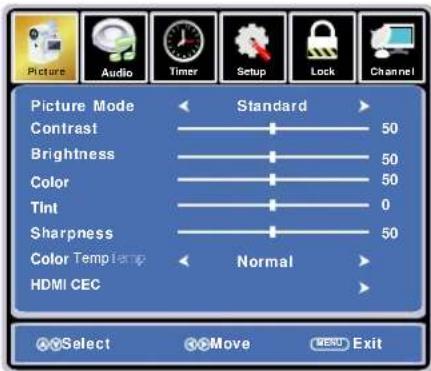 Picture Mode Contrast Brightness Color Tint Sharpness Color Temp HDMI CEC Standard 50 50 50 0 50 Normal Select Move Exit