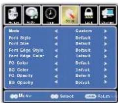 Mode Font Style Font Size Font Edge Style Font Edge Color FG Color BG Color PC Opacity BO Opacity Custom Default Default Default Default Default Default Default Select Return