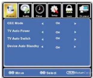 CEC Mode TV Auto Power TV Auto Switch Device Auto Standby On On On Move Select Return