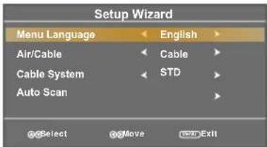 Setup Wizard Menu Language English Air/Cable Cable Cable System STD Auto Scan Select Move Exit