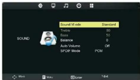 Sound Mode Standard Treble 50 Bass 50 Balance 0 Auto Volume Off SPDIF Mode PCM Sound Move New Enter Exit