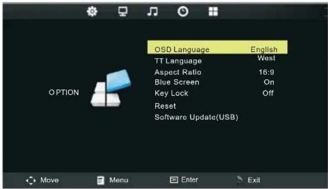 OSD Language English TT Language West Aspect Ratio 16:9 Blue Screen On Key Lock Off Reset Software Update(USB) MOVE Menu Enter Exit