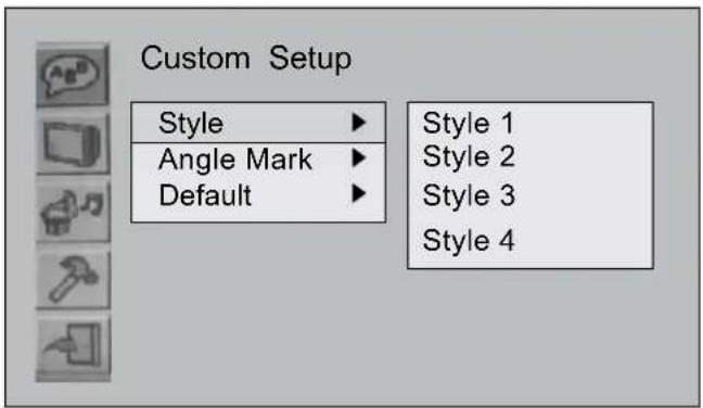 Custom Setup Style ▶ Angle Mark ▶ Default ▶ Style 1 Style 2 Style 3 Style 4