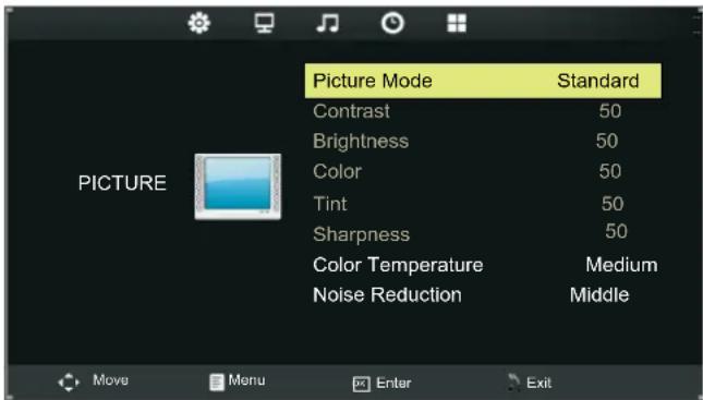 Picture Mode Contrast Brightness Color Tint Sharpness Color Temperature Noise Reduction Standard 50 50 50 50 Medium Middle