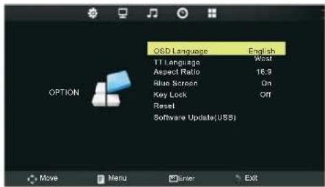 OSD Language English TT Language West Aspect Ratio 16.9 Blue Screen On Key Lock Off Reset Software Update(USB) MOVE Menu Enter Exit