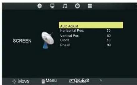 Screen Auto Adjust Horizontal Pos. 50 Vertical Pos. 50 Clock 50 Phase 99 Move Menu OK Exit