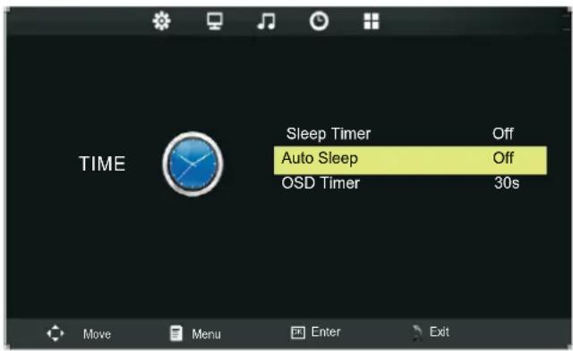 TIME Sleep Timer Off Auto Sleep Off OSD Timer 30s Move Menu Enter Exit