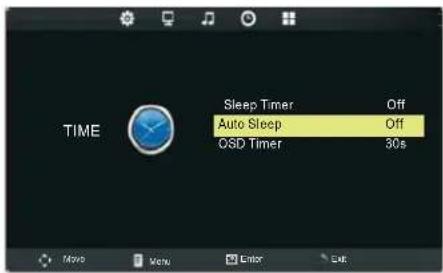 TIME Sleep Timer Off Auto Sleep Off OSD Timer 30s