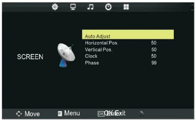 Auto Adjust Horizontal Pos. 50 Vertical Pos. 50 Clock 50 Phase 99