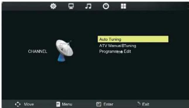CHANNEL Auto Tuning ATV Manual Tuning Programme Edit Move Menu Enter Exit