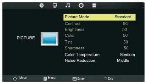 Picture Mode Contrast 50 Brightness 50 Color 50 Tint 50 Sharpness 50 Color Temperature Medium Noise Reduction Middle Picture Move Menu Enter Ext