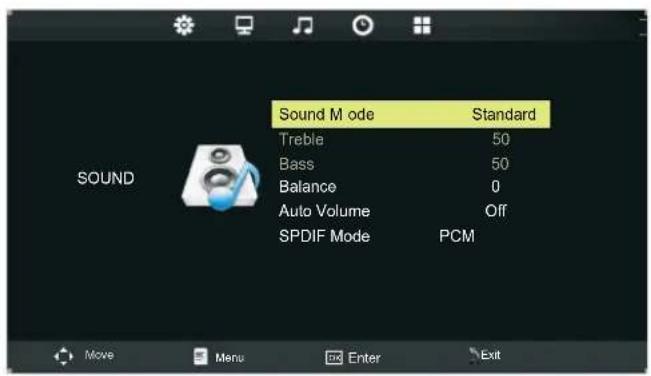 Sound M ode Standard Treble 50 Bass 50 Balance 0 Auto Volume Off SPDIF Mode PCM SOUND