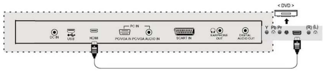 DC IN USB HDMI PC IN PC/VGA IN PC/VGA AUDIO IN SCART IN EARPHONE OUT DIGITAL AUDIO OUT < DVD > Y Pb Pr (R) (L)