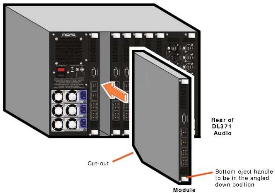 mong Rear of DL371 Audio Cut-out Module Bottom eject handle to be in the angled down position