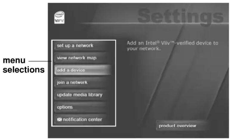 NETGEAR EVA700 - Intel® Viiv™ settings screen menu selections - 1