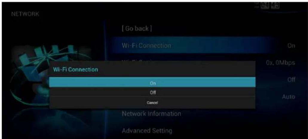 [ Go back ] Wi-Fi Connection On Off Cancel Network Information Advanced Setting 0x, 0Mbps Off Auto