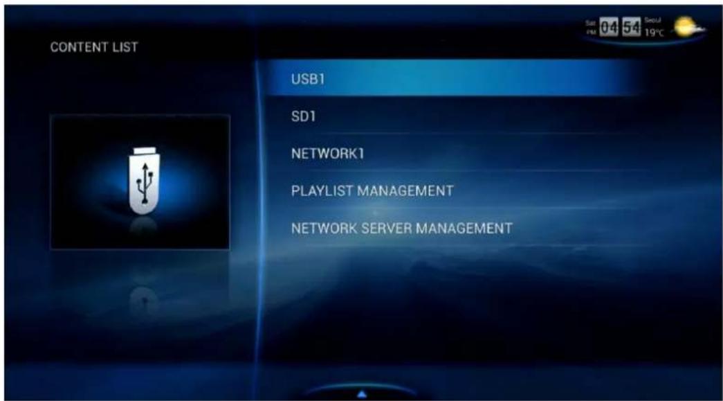 CONTENT LIST USB1 SD1 NETWORK1 PLAYLIST MANAGEMENT NETWORK SERVER MANAGEMENT