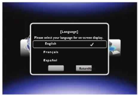 [Language] Please select your language for on-screen display. English Français Español ReturnNo