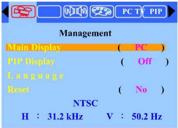 PC TV PIP Management Main Display ( PC ) PIP Display ( Off ) Language Reset ( No ) NTSC H : 31.2 kHz V : 50.2 Hz