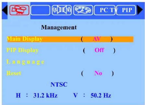 PC TV PIP Management Main Display ( AV ) PIP Display ( Off ) Language Reset ( No ) NTSC H : 31.2 kHz V : 50.2 Hz
