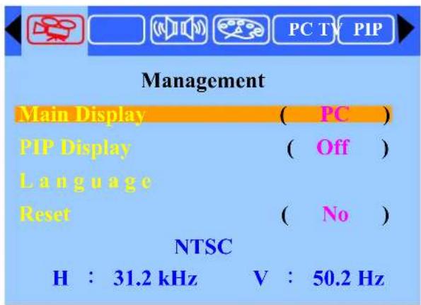 PC TV PIP Management Main Display ( PC ) PIP Display ( Off ) Language Reset ( No ) NTSC H : 31.2 kHz V : 50.2 Hz