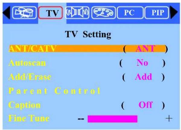 TV Setting ANT/CATV ( ANT ) Autoscan ( No ) Add/Erase ( Add ) Parent Control Caption ( Off ) Fine Tune -- +