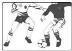Two soccer players in action, one dribbling the ball while the other defends (no text or symbols visible)