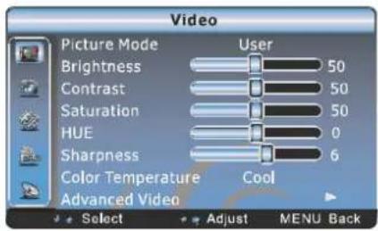 Video Picture Mode User Brightness 50 Contrast 50 Saturation 50 HUE 0 Sharpness 6 Color Temperature Cool Advanced Video Select Adjust MENU Back