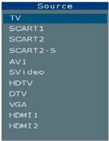 Source TV SCART1 SCART2 SCART2-S AV1 SVideo HDTV DTV VGA HDMI 1 HDMI 2