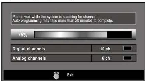 Please wait while the system is scanning for channels. Auto programming may take more than 20 minutes to complete. 75% Digital channels 10 ch Analog channels 6 ch Exit