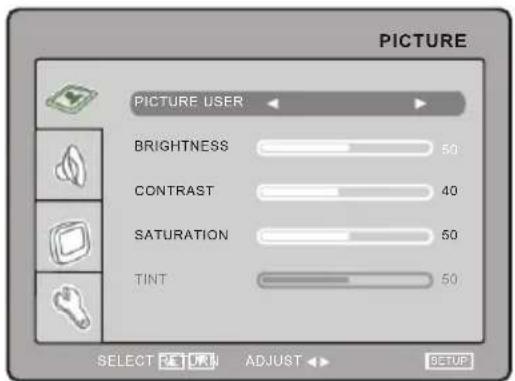 PICTURE PICTURE USER BRIGHTNESS 50 CONTRAST 40 SATURATION 50 TINT 50 SELECT RETURN ADJUST SETUP