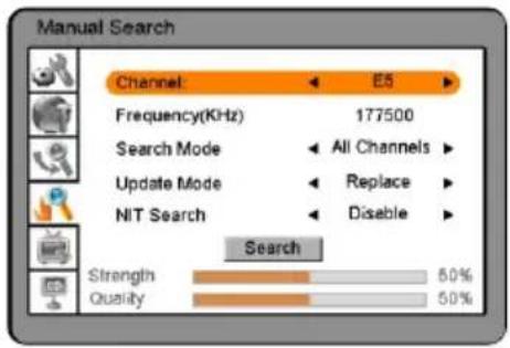 Manual Search Channel E5 Frequency(KHz) 177500 Search Mode All Channels Update Mode Replace NIT Search Disable Search Strength 50% Quality 50%