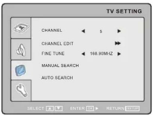 TV SETTING CHANNEL ← 5 ► CHANNEL EDIT ►► FINE TUNE ← 168.90MHZ ► MANUAL SEARCH AUTO SEARCH SELECT ▲ ENTER OK ▶ RETURN SETUP