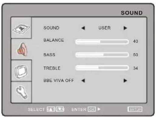 SOUND SOUND ← USER ► BALANCE 40 BASS 50 TREBLE 34 BBE VIVA OFF ► SELECT & I OK ENTER OK SETUP