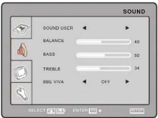 SOUND SOUND USER BALANCE 40 BASS 50 TREBLE 34 BBE VIVA OFF SELECT R FLN ENTER OK