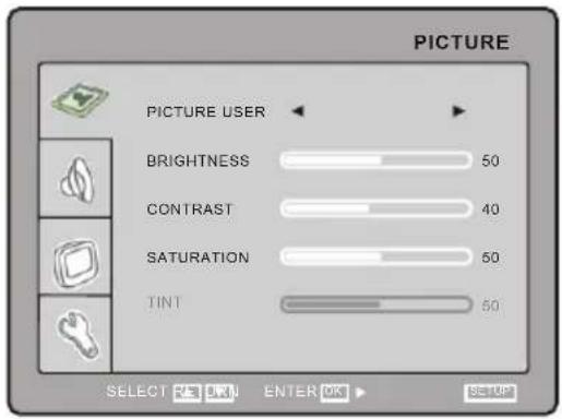 PICTURE PICTURE USER BRIGHTNESS 50 CONTRAST 40 SATURATION 50 TINT 50 SELECT OK ENTER OK SETUP