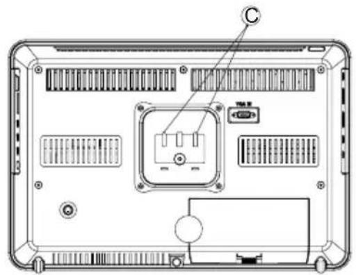 Technical diagram of a device rear panel with labeled components and internal layout