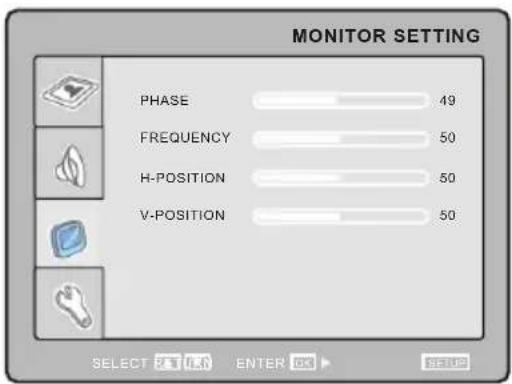 MONITOR SETTING PHASE 49 FREQUENCY 50 H-POSITION 50 V-POSITION 50 SELECT R F L N ENTER OK