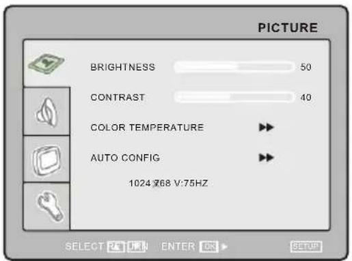PICTURE BRIGHTNESS 50 CONTRAST 40 COLOR TEMPERATURE ►► AUTO CONFIG ►► 1024 X68 V:75HZ SELECT PLAN ENTER OK SETUP
