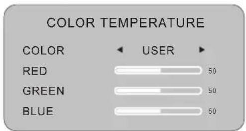 COLOR TEMPERATURE COLOR ← USER ► RED 50 GREEN 50 BLUE 50