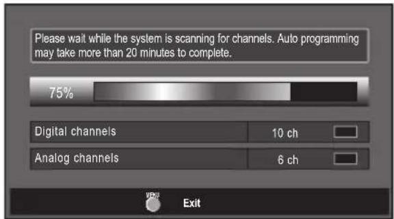 Please wait while the system is scanning for channels. Auto programming may take more than 20 minutes to complete. 75% Digital channels 10 ch Analog channels 6 ch Exit