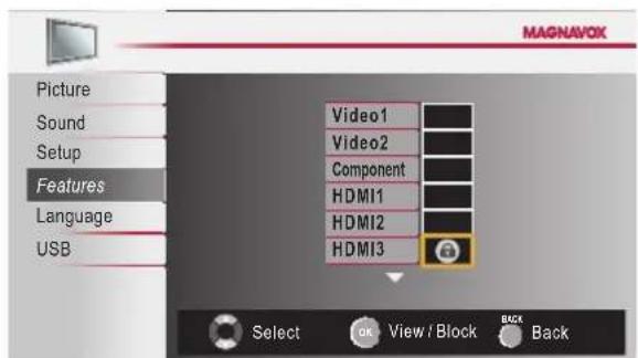 MAGNAVCK Picture Sound Setup Features Language USB Video1 Video2 Component HDMI1 HDMI2 HDMI3 Select OK View / Block Back